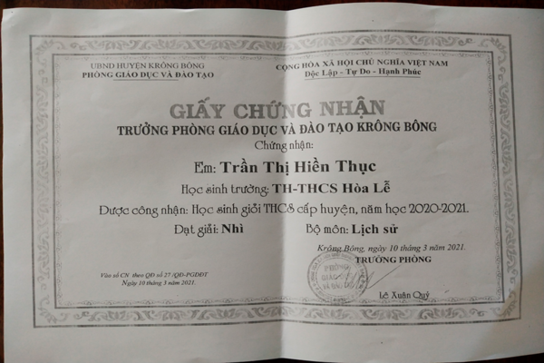 Trần Thị Hiền Thục – Giải nhì Lịch sử cấp Huyện Krong Bong, Dak Lak